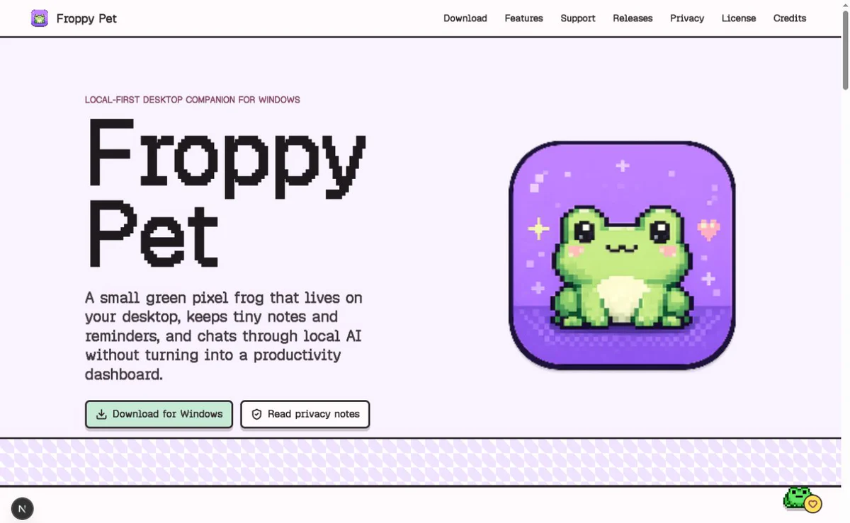 Froppy Pet website showing its green pixel frog desktop companion and Windows preview